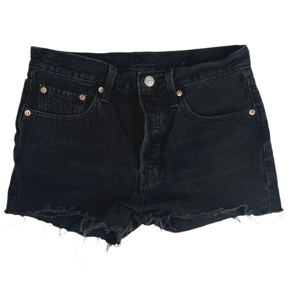 Levi's 501 Black High Waiste Frayed Cut Off Raw Hem Denim Jean Shorts Size Sz 27